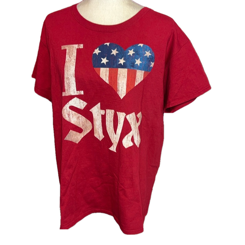 STYX 2013 N American Concert Tour CITIES Rock Pop Red t shirt XL “I Love Styx”